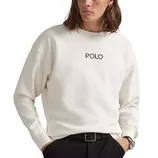 A white sweatshirt with \“POLO\“ embroidered in black on the chest, worn with black pants and a black belt.