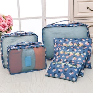 A set of blue travel organizers with white and pink floral patterns, featuring three zippered mesh bags and three laundry pouches. The bags are suitable for organizing clothes and personal items during travel.