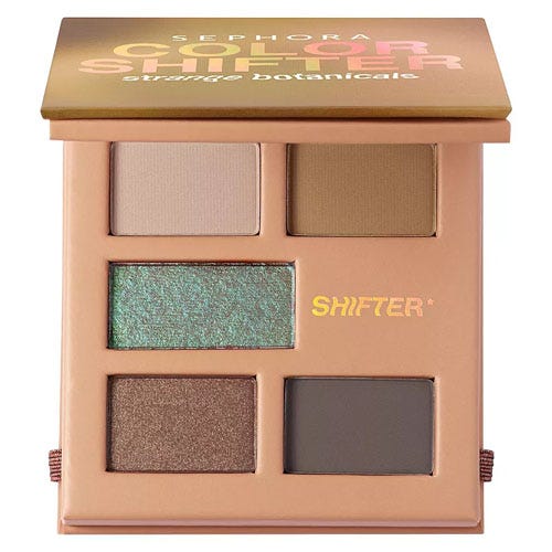 Sephora Color Shifter eyeshadow palette in \“Strange Botanical\“ with five shades: a light beige, matte green-brown, iridescent green, shimmering brown, and deep brown.