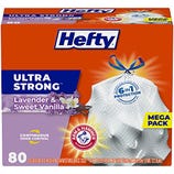 80-count Hefty Ultra-Strong Trash Bags with Lavender & Sweet Vanilla scent, featuring Arm & Hammer odor control, for 13-gallon cans with drawstring closure.