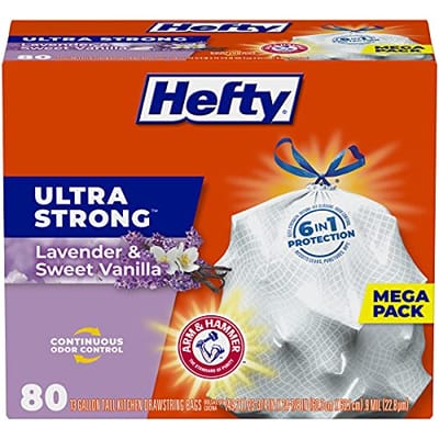 80-count Hefty Ultra-Strong Trash Bags with Lavender & Sweet Vanilla scent, featuring Arm & Hammer odor control, for 13-gallon cans with drawstring closure.
