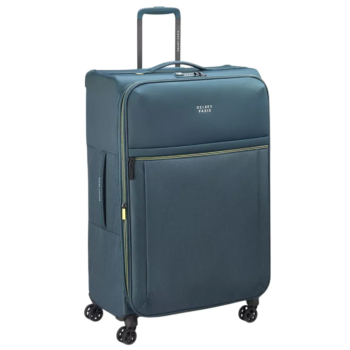 A teal-colored, soft-sided suitcase on four spinner wheels with a telescopic handle and an external zippered pocket. The brand name \“Delsey Paris\“ is visible on the front.