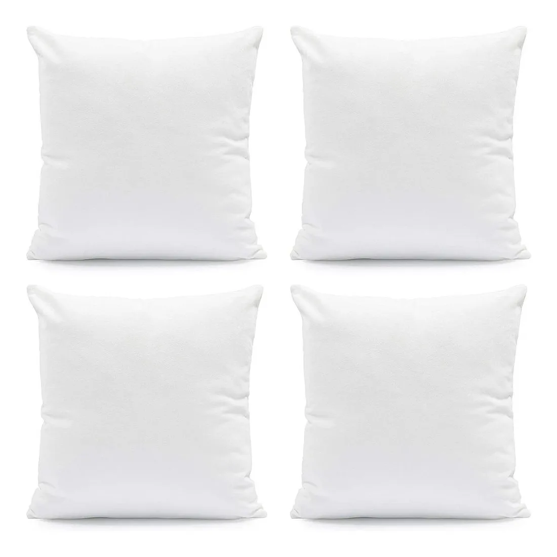 Four white square pillows on a plain background, arranged in a 2x2 grid.