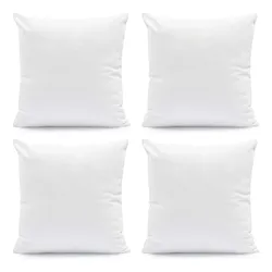 Four white square pillows on a plain background, arranged in a 2x2 grid.