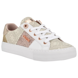 A stylish sneaker featuring a beige and gold patterned upper with white laces and rose gold accents, branded with \“GUESS\“ on the side.