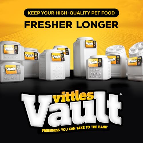Various Vittles Vault containers are displayed, designed to keep pet food fresh longer. They are white with screw-top lids, featuring different sizes to suit storage needs.