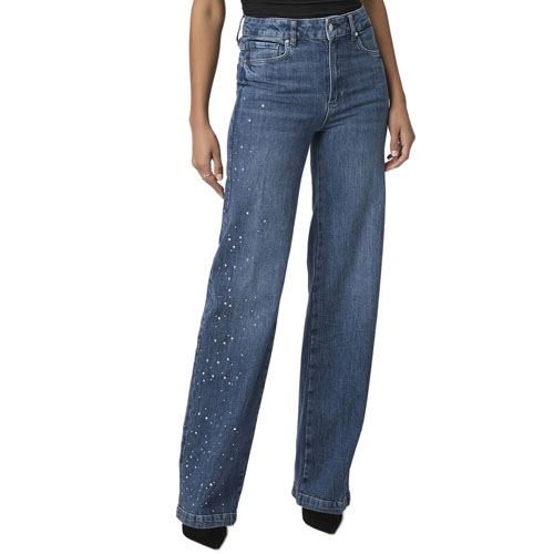 High-waisted wide-leg jeans embellished with small rhinestones on the upper and lower sections, paired with a tucked-in black top.