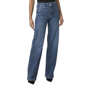 High-waisted wide-leg jeans embellished with small rhinestones on the upper and lower sections, paired with a tucked-in black top.