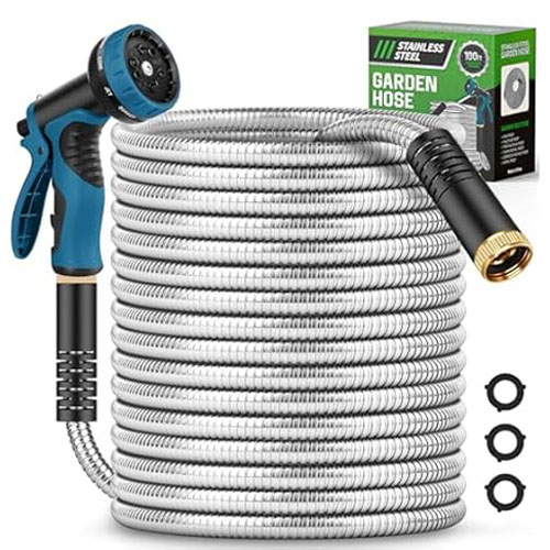 Stainless steel garden hose with a blue and black sprayer nozzle, accompanied by a box and extra washers.