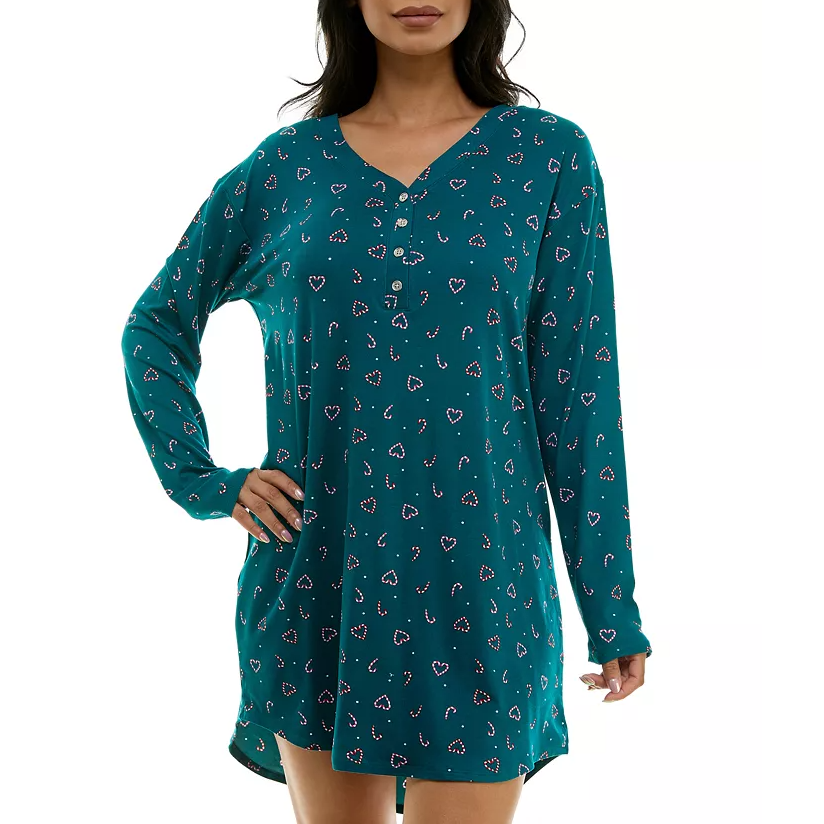 A teal long-sleeve nightshirt with a V-neck and button-up front, featuring a pattern of candy canes and hearts.