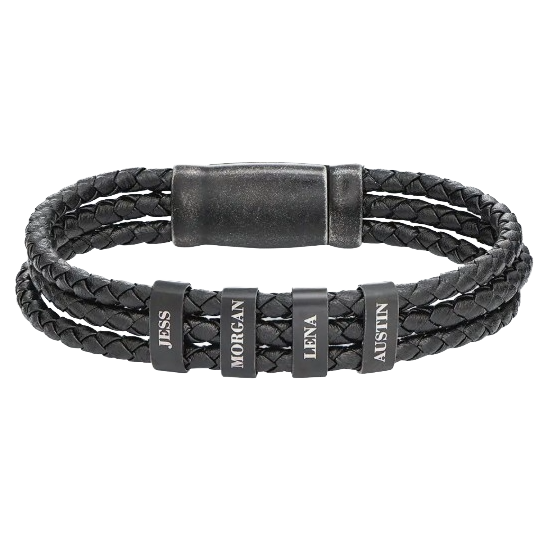 A black braided leather bracelet featuring four adjustable metal rings with engraved names: Jess, Morgan, Lena, and Austin.