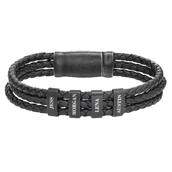 A black braided leather bracelet featuring four adjustable metal rings with engraved names: Jess, Morgan, Lena, and Austin.