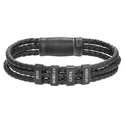 A black braided leather bracelet featuring four adjustable metal rings with engraved names: Jess, Morgan, Lena, and Austin.