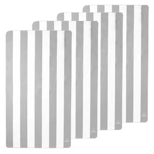 Set of four striped towels with alternating light and dark vertical bands in a minimalist design.