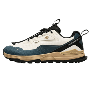 A Hobibear trail running shoe featuring a beige, teal, and black color scheme, with a rugged sole and pull tabs for easy handling.