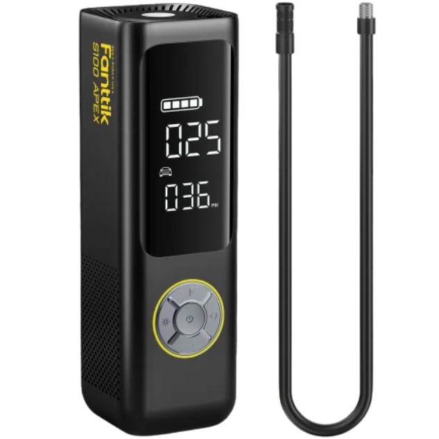 A digital tire inflator with an LCD display, featuring button controls and a detachable hose, capable of inflating to 36 PSI.