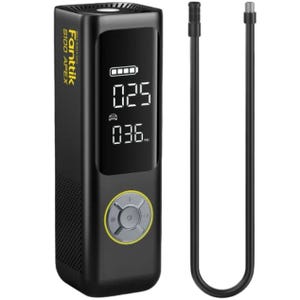 A digital tire inflator with an LCD display, featuring button controls and a detachable hose, capable of inflating to 36 PSI.