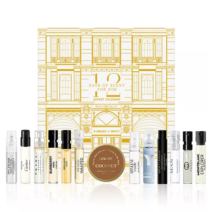 12 Days of Scent For Him Advent Calendar by Macy's includes sample vials of popular men's fragrances like Sauvage, Cartier, Prada, Burberry, Paco Rabanne, Armani Code, and more, alongside a coconut-scented candle.