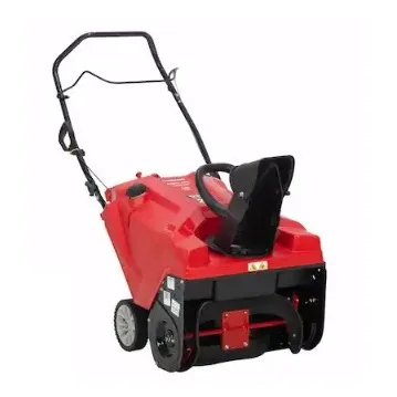 Troy-Bilt 21\“ Gas Snow Blower features a red body with a black handle, designed to clear snow effectively. It has a compact design with wheels for easy maneuverability.