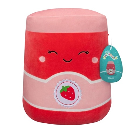 This is a plush stool designed to look like a smiling strawberry with a cute face and a name tag reading \“Janna.\“