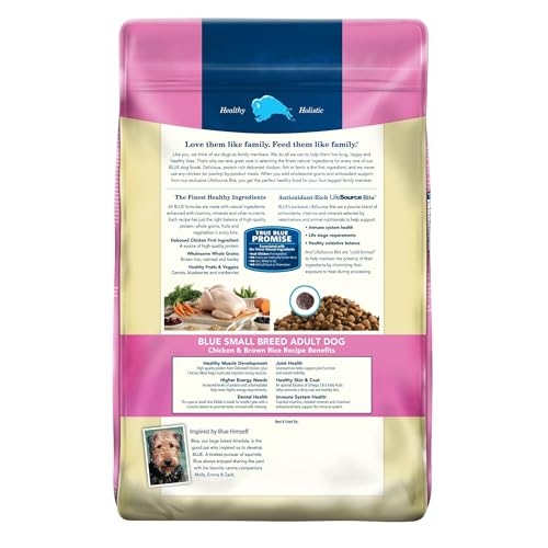 Blue Buffalo Small Breed Adult Dog Food, Chicken & Brown Rice Recipe features the Blue Buffalo Promise, emphasizing healthy, holistic ingredients with antioxidants and LifeSource Bits.