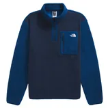 A blue and navy fleece pullover by The North Face, featuring a zippered chest pocket and quarter-zip collar.