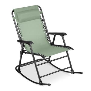 Green folding zero gravity rocking chair with a black metal frame, flexible fabric seat, and armrests. Includes a headrest pillow and is designed for ergonomic support and relaxation.