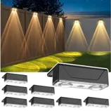 Outdoor LED wall lights are mounted on a fence, emitting warm light to illuminate the surrounding area. Additional units of the same lights are displayed in the foreground.