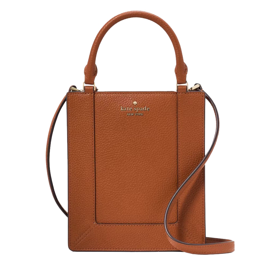 Brown Kate Spade leather handbag with a top handle and detachable strap.