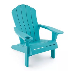 A turquoise Adirondack chair with a slatted design, featuring wide armrests and an integrated cupholder.