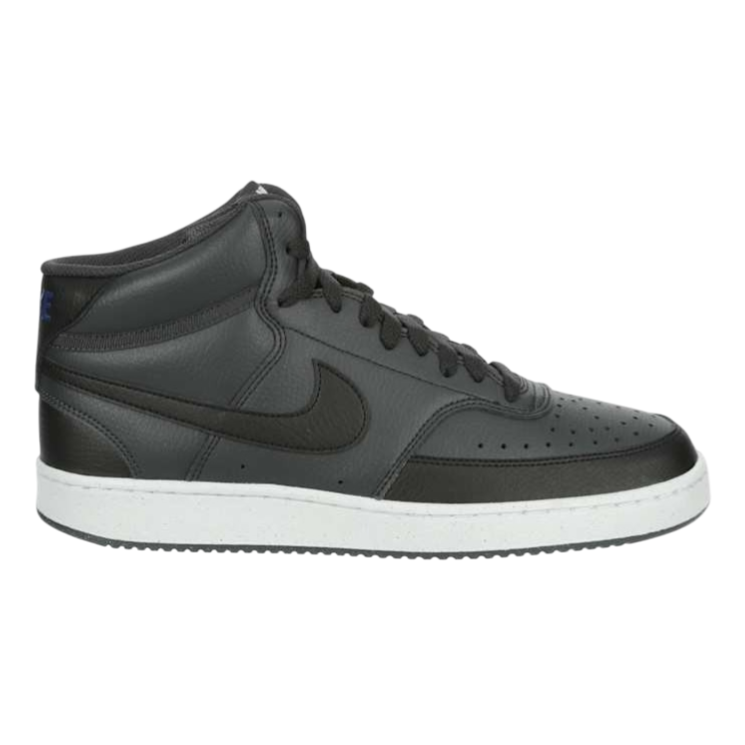 A black leather high-top sneaker with a white sole and perforated toe box, featuring a dark swoosh logo on the side.