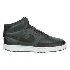 A black leather high-top sneaker with a white sole and perforated toe box, featuring a dark swoosh logo on the side.