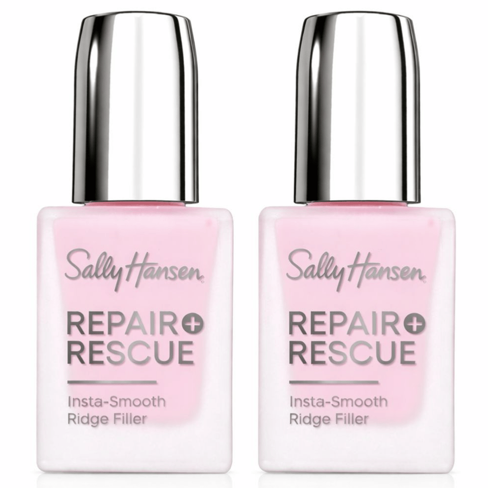 Two bottles of Sally Hansen Repair + Rescue Insta-Smooth Ridge Filler are shown, featuring a light pink liquid and metallic caps.