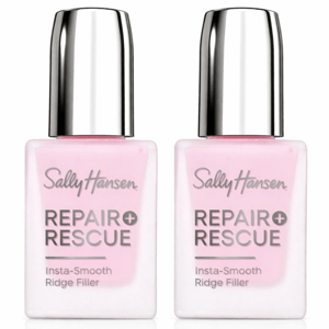Two bottles of Sally Hansen Repair + Rescue Insta-Smooth Ridge Filler are shown, featuring a light pink liquid and metallic caps.