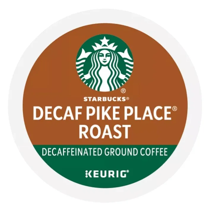 Starbucks Decaf Pike Place Roast K-Cup Pod for Keurig, featuring decaffeinated ground coffee.