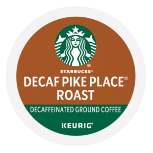 Starbucks Decaf Pike Place Roast K-Cup Pod for Keurig, featuring decaffeinated ground coffee.