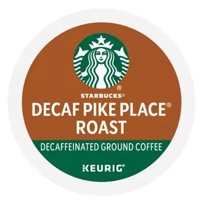 Starbucks Decaf Pike Place Roast K-Cup Pod for Keurig, featuring decaffeinated ground coffee.