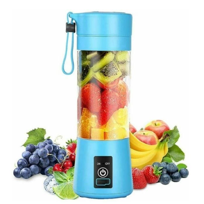 Portable blue blender with fruits such as kiwi, watermelon, oranges, and more, surrounded by additional fruits like grapes and bananas.