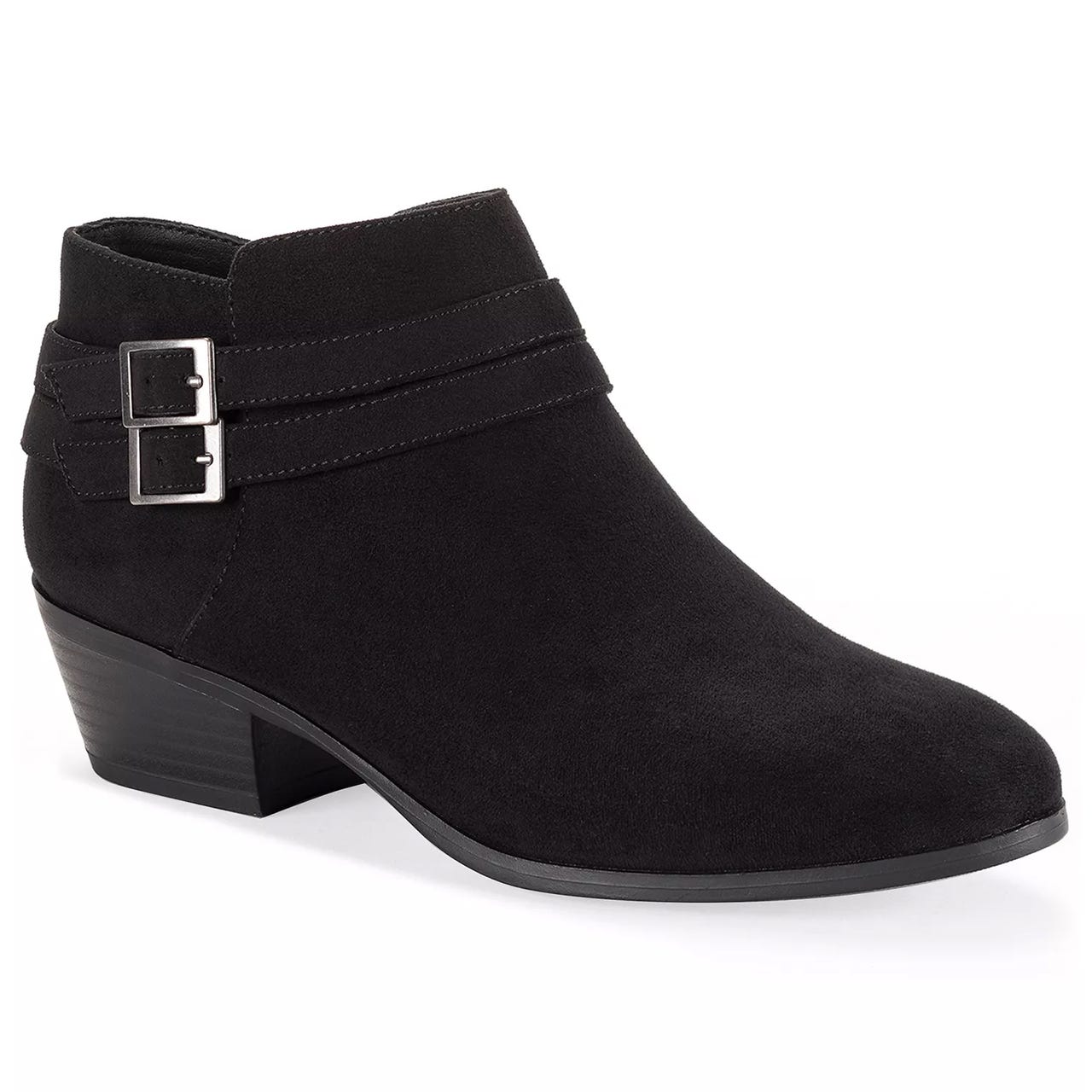 Black ankle boot with a low stacked heel and two side buckle straps, featuring a sleek, suede-like finish.