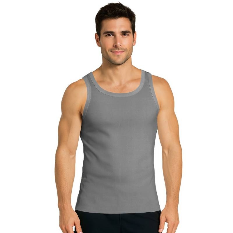 A person is wearing a gray sleeveless tank top paired with dark pants.