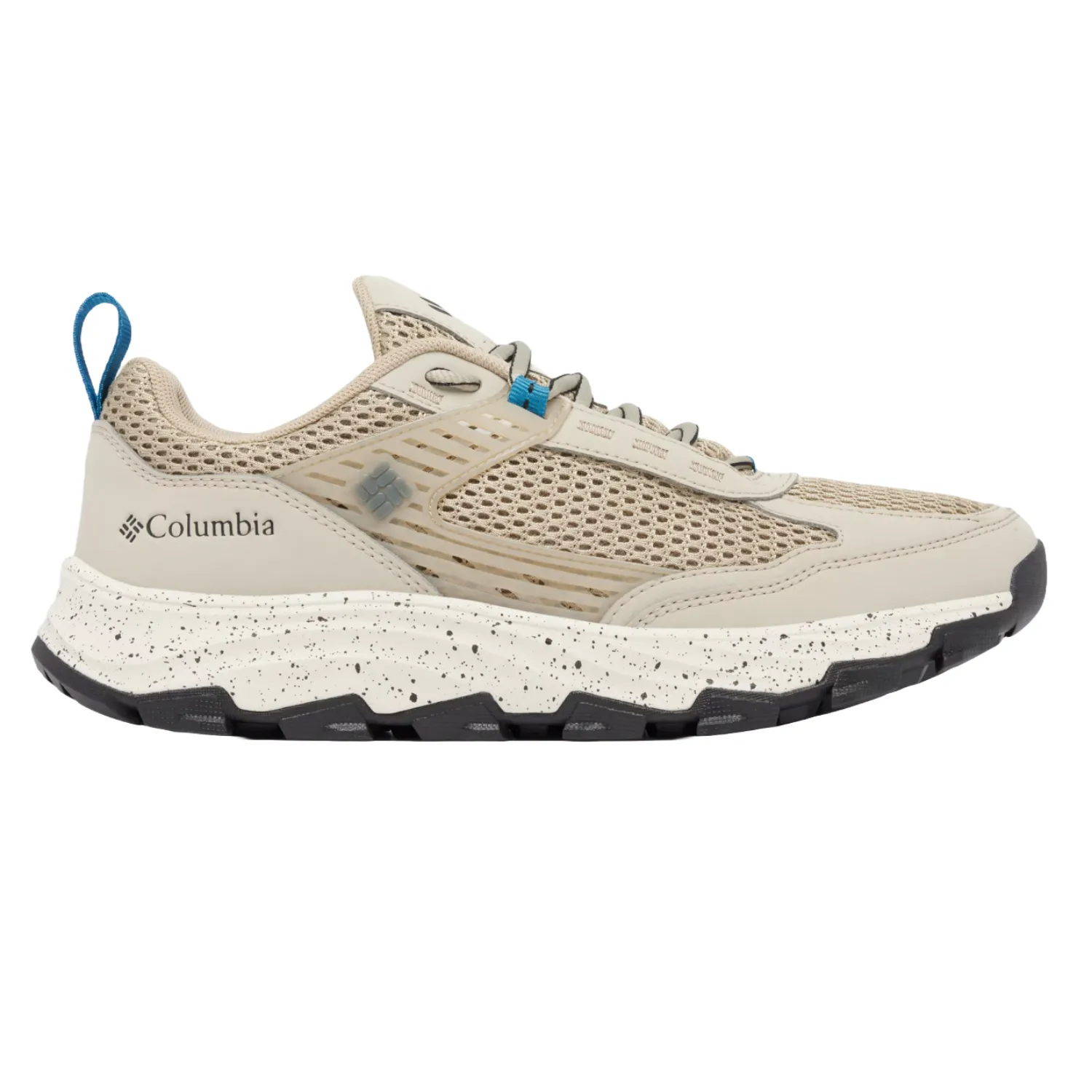 Columbia Men's Hatana Shoes feature a beige mesh upper for breathability, a speckled white midsole, and a rugged black outsole. They have a blue pull loop at the back and are designed for lightweight comfort and traction.