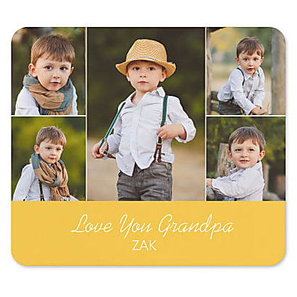 A photo collage mouse pad with images of a young child and the message \“Love You Grandpa\“ along with the name \“Zak\“ displayed on a yellow background.