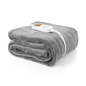 A gray electric blanket with a white remote control for adjusting temperature settings.