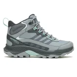Merrell waterproof hiking boot in shades of grey and teal with a textured upper, reinforced heel and toe, and rugged sole for durability and traction.