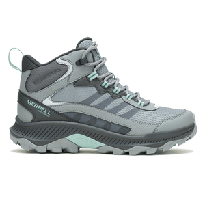 Merrell waterproof hiking boot in shades of grey and teal with a textured upper, reinforced heel and toe, and rugged sole for durability and traction.