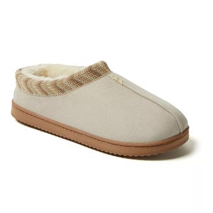 Dearfoams Wren High Vamp Slippers feature a soft beige upper with a textured, plaid-patterned collar trim, plush inner lining for warmth, and a durable rubber sole. Ideal for indoor comfort and casual style.