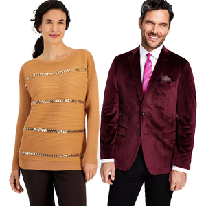 A woman is wearing a camel-colored sweater with gold sequin stripes and brown pants, while a man is dressed in a burgundy velvet blazer, a pink tie, and a white shirt.
