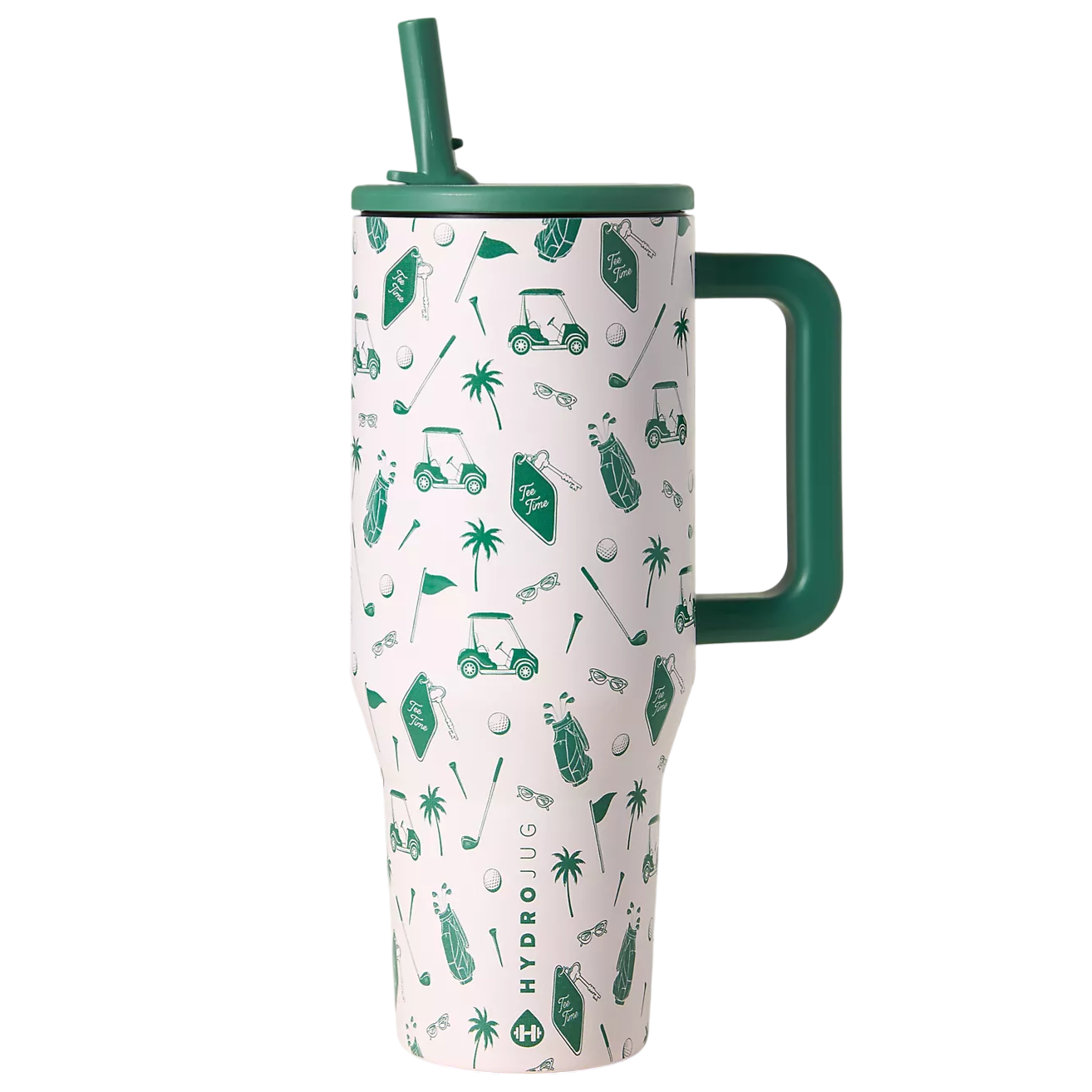 A large tumbler with a green handle and straw, featuring a golf-themed pattern including golf carts, clubs, balls, and palm trees.