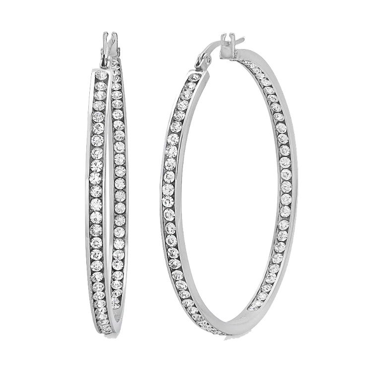 A pair of large, silver-colored hoop earrings embellished with clear, round gemstones arranged in a single line.