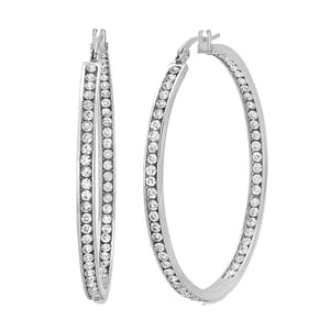 A pair of large, silver-colored hoop earrings embellished with clear, round gemstones arranged in a single line.